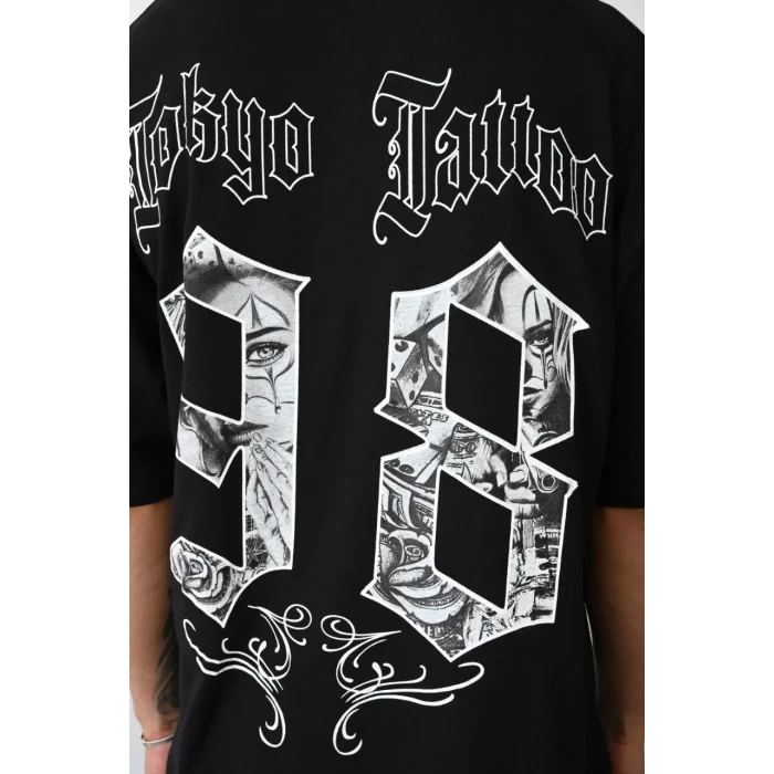 Erkek Kısa Kol Yazlık Tişört Bisiklet Yaka Baskılı Oversize T-Shirt - Siyah