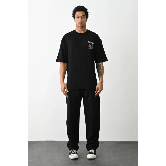 Erkek Kısa Kol Yazlık Tişört Bisiklet Yaka Baskılı Oversize T-Shirt - Siyah