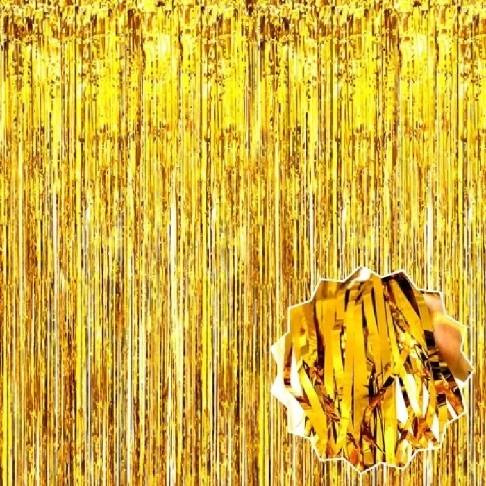 Ekstra Metalize Parlak Saçaklı Arka Fon Perde Gold