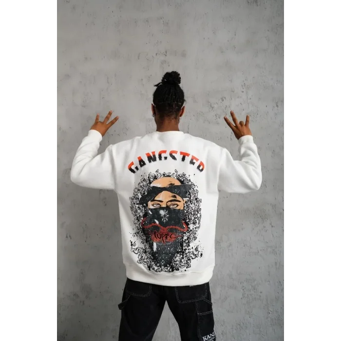 Erkek 3 İplik Pamuklu Bisiklet Yaka Gangster Baskılı Sweatshirt - Beyaz