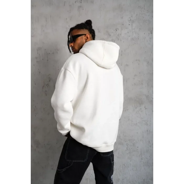 Erkek 3 İplik Pamuklu Kapüşonlu Cepli Düz Oversize Hoodie Sweatshirt - Beyaz