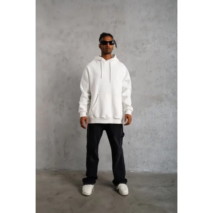 Erkek 3 İplik Pamuklu Kapüşonlu Cepli Düz Oversize Hoodie Sweatshirt - Beyaz