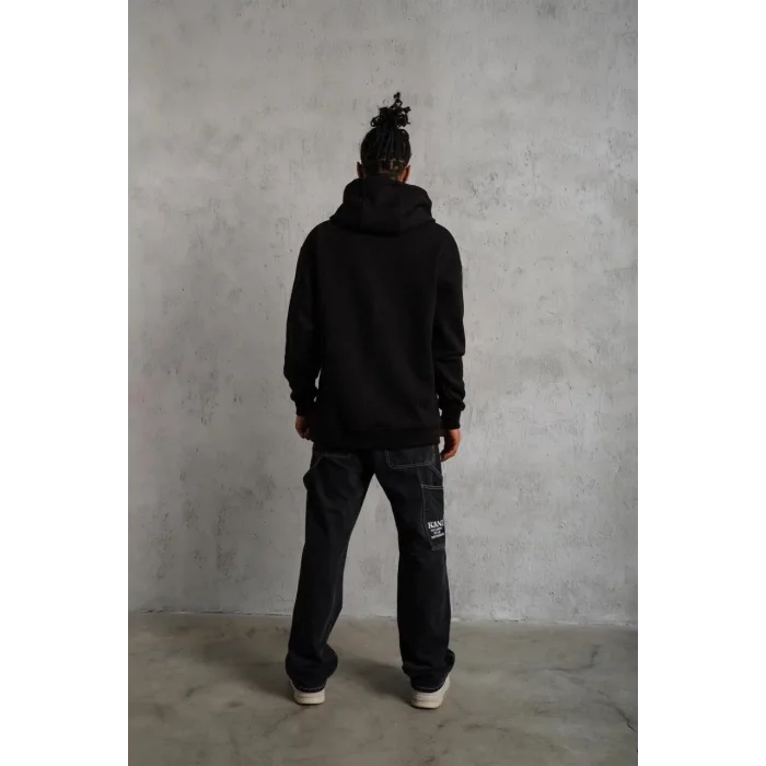 Erkek 3 İplik Pamuklu Kapüşonlu Cepli Düz Oversize Hoodie Sweatshirt - Siyah