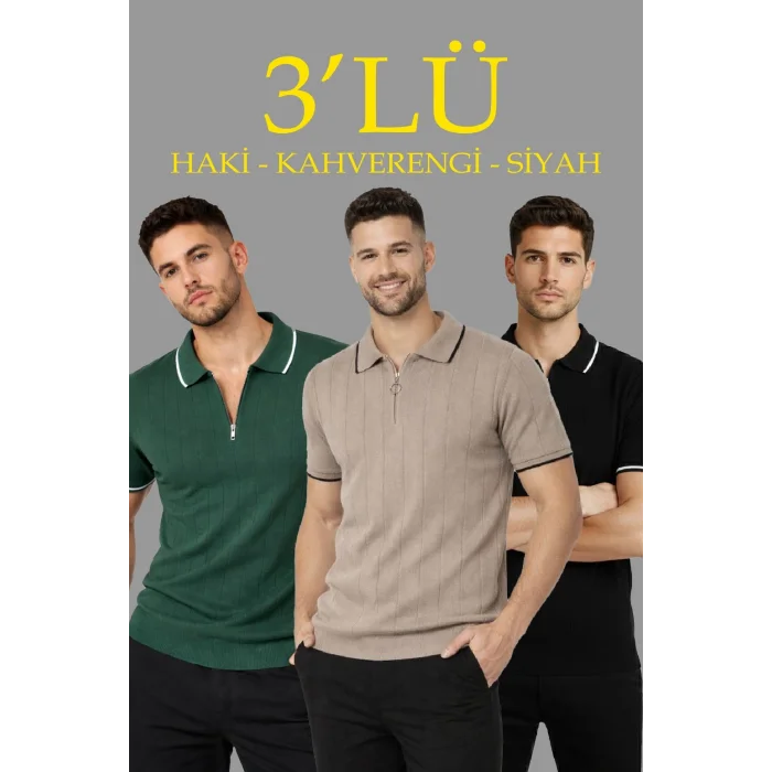Erkek 3’lü Paket Dokuma Triko  Fermuarlı Yakalı Fitilli Kısa Kollu Regular Fit Tişört - Kahverengi, Haki, Siyah