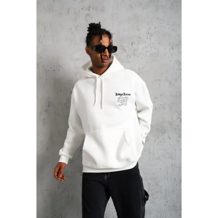 Erkek 98 Baskılı Kapşonlu 3 iplik pamuklu Sweatshirt hoodie - Beyaz