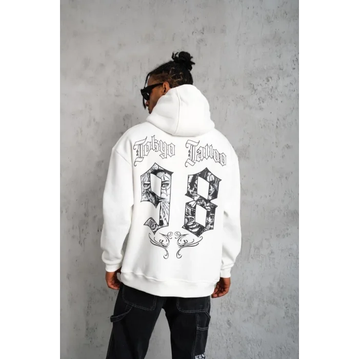 Erkek 98 Baskılı Kapşonlu 3 iplik pamuklu Sweatshirt hoodie - Beyaz