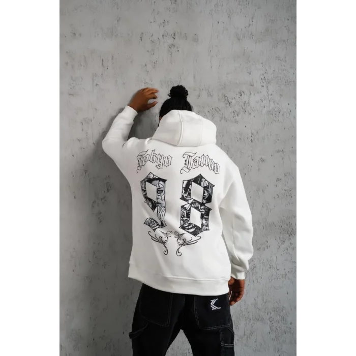 Erkek 98 Baskılı Kapşonlu 3 iplik pamuklu Sweatshirt hoodie - Beyaz