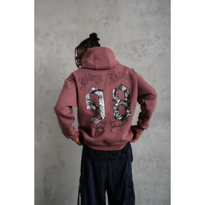 Erkek 3 İplik Pamuklu Kapüşonlu Baskılı Cepli Sweatshirt Hoodie - Gül Kurusu