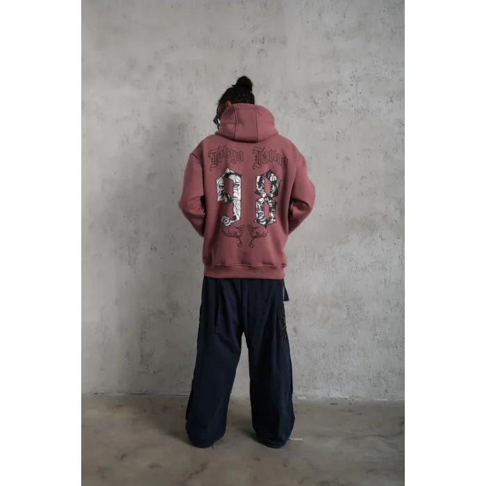 Erkek 3 İplik Pamuklu Kapüşonlu Baskılı Cepli Sweatshirt Hoodie - Gül Kurusu