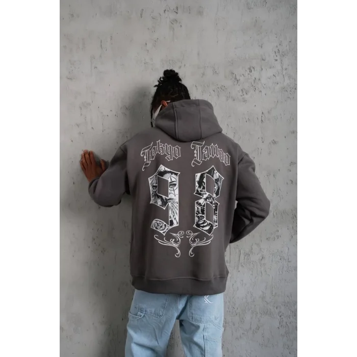 Erkek 3 İplik Pamuklu Kapüşonlu Baskılı Cepli Oversize Sweatshirt Hoodie - Gri