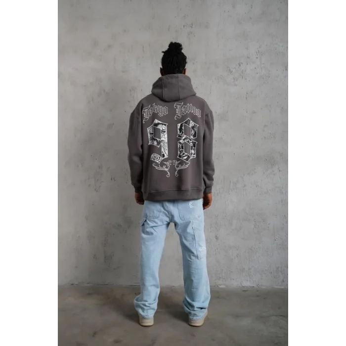 Erkek 3 İplik Pamuklu Kapüşonlu Baskılı Cepli Oversize Sweatshirt Hoodie - Gri