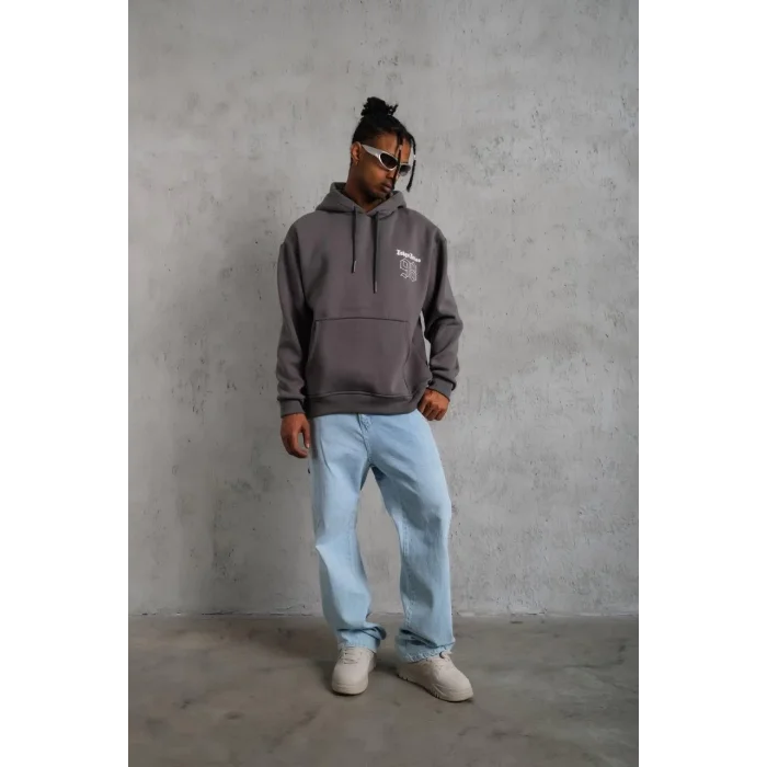 Erkek 3 İplik Pamuklu Kapüşonlu Baskılı Cepli Oversize Sweatshirt Hoodie - Gri