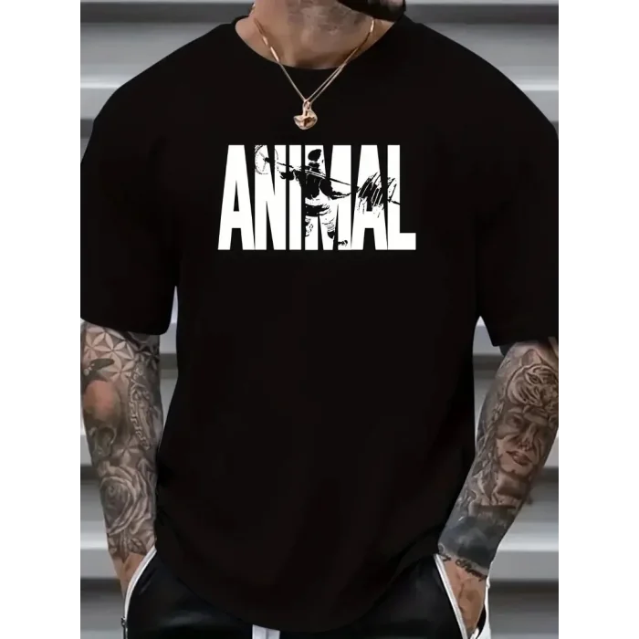 Erkek ANIMAL Baskılı Tişört Bisiklet YakaYazlık T-shirt - Siyah