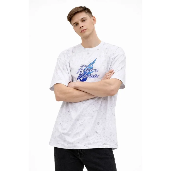 Erkek Asit Yıkamalı Oversize Tişört Bisiklet Yaka Kısa Kol T-shirt - Beyaz