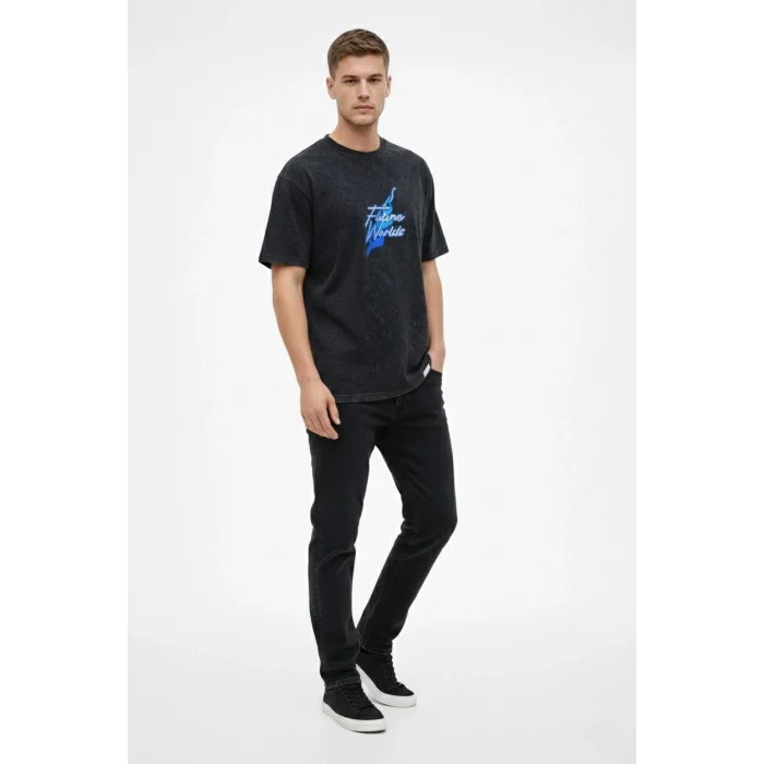 Erkek Asit Yıkamalı Oversize Tişört Future Worlds Baskılı Bisiklet Yaka Kısa Kollu Streetwear %100 Pamuk Street Style T-Shirt - Siyah