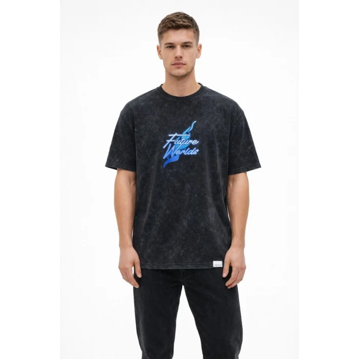 Erkek Asit Yıkamalı Oversize Tişört Future Worlds Baskılı Bisiklet Yaka Kısa Kollu Streetwear %100 Pamuk Street Style T-Shirt - Siyah