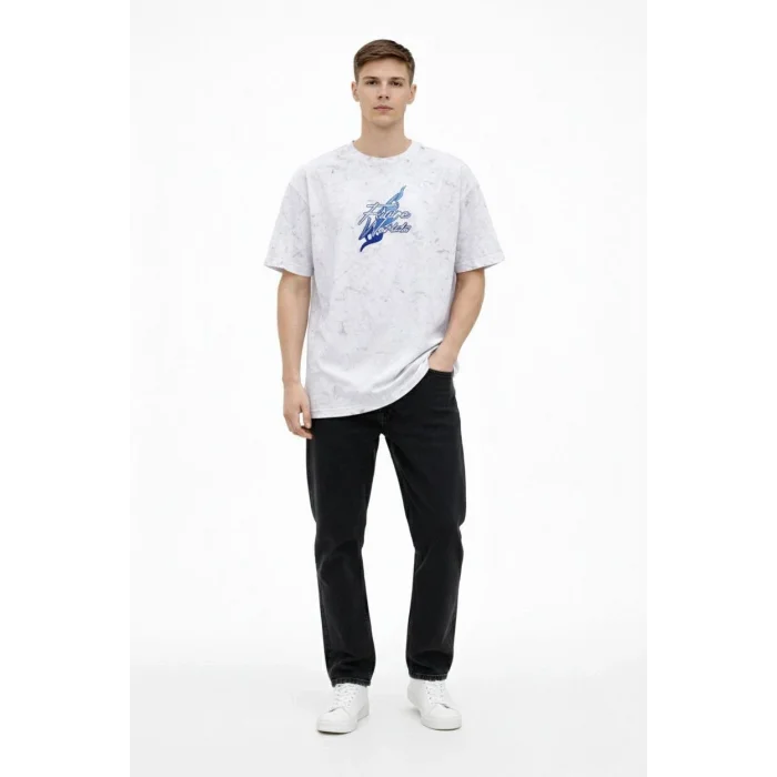 Erkek Asit Yıkamalı Oversize Tişört Future Worlds Baskılı Bisiklet Yaka Kısa Kollu Streetwear %100 Pamuk Street Style T-Shirt - Beyaz