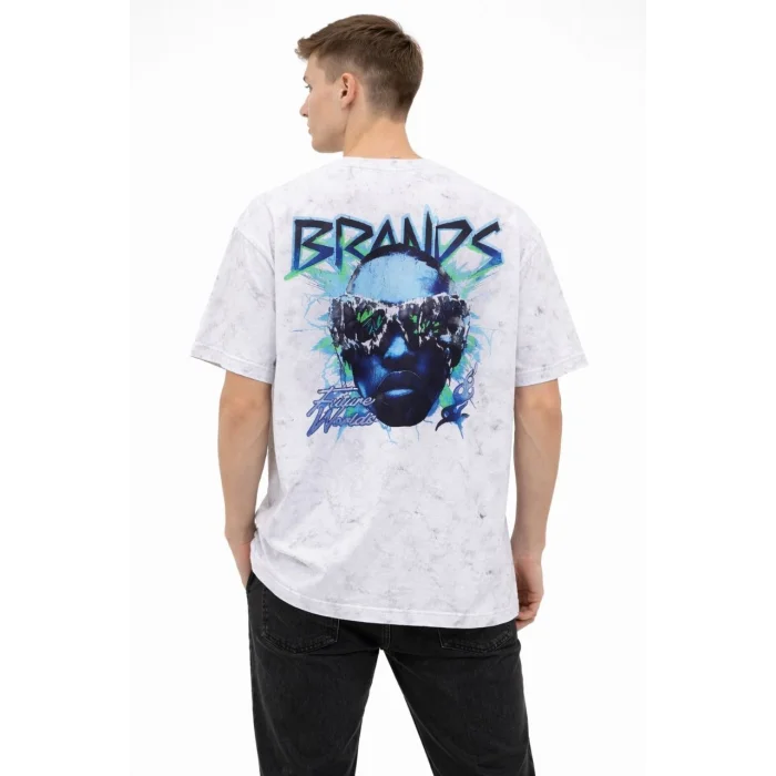 Erkek Asit Yıkamalı Oversize Tişört Future Worlds Baskılı Bisiklet Yaka Kısa Kollu Streetwear %100 Pamuk Street Style T-Shirt - Beyaz