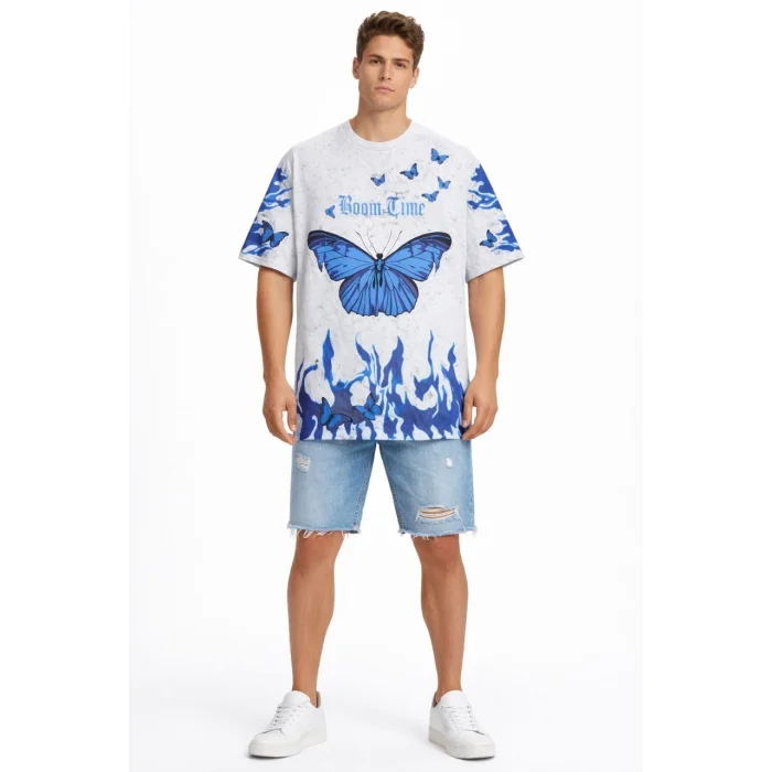 Erkek Asit Yıkamalı Oversize Tişört Mavi Kelebek Baskılı Dijital Print Bisiklet Yaka Streetwear T-Shirt - Beyaz