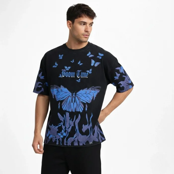 Erkek Asit Yıkamalı Oversize Tişört Mavi Kelebek Baskılı Dijital Print Bisiklet Yaka Streetwear T-Shirt - Siyah
