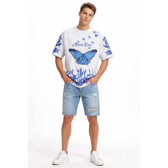 Erkek Asit Yıkamalı Oversize Tişört Mavi Kelebek Baskılı Dijital Print Bisiklet Yaka Streetwear T-Shirt - Beyaz