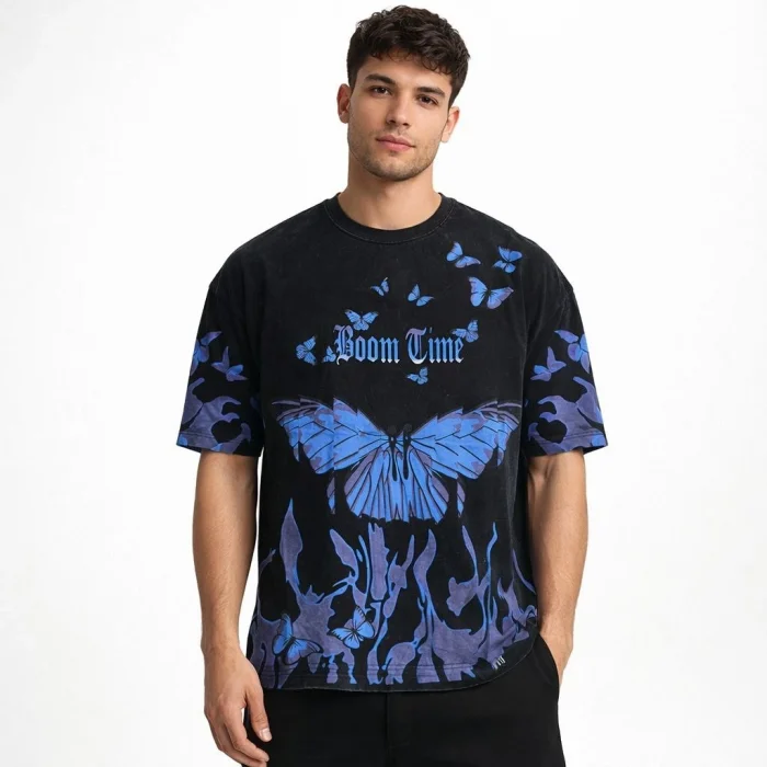 Erkek Asit Yıkamalı Oversize Tişört Mavi Kelebek Baskılı Dijital Print Bisiklet Yaka Streetwear T-Shirt - Siyah