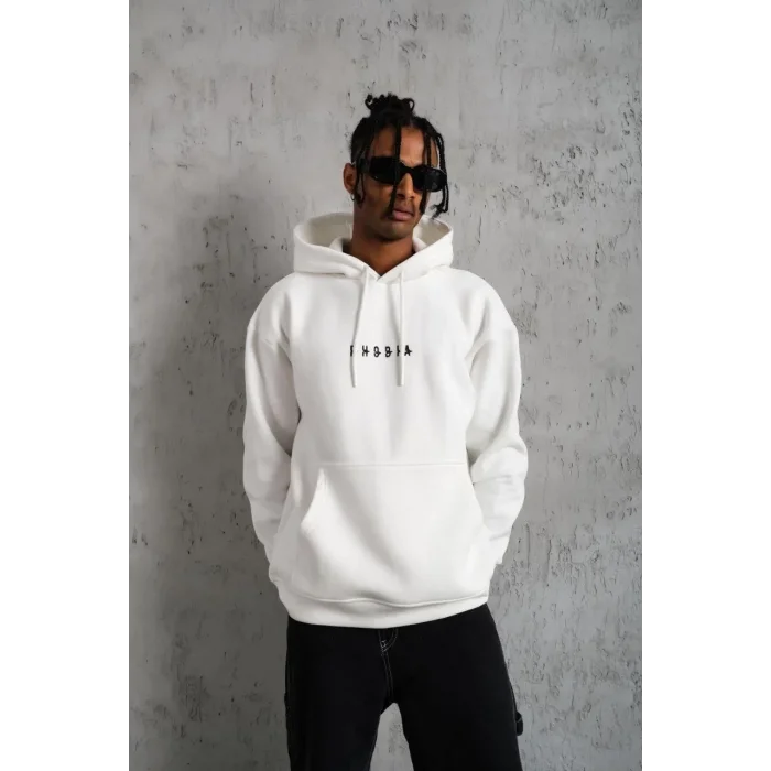 Erkek 3 İplik Pamuklu Kapüşonlu Baskılı Cepli Oversize Sweatshirt Hoodie - Beyaz