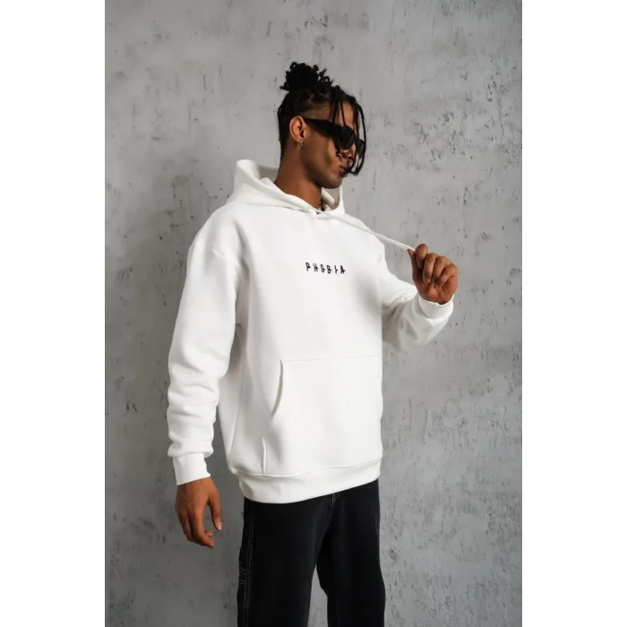 Erkek 3 İplik Pamuklu Kapüşonlu Baskılı Cepli Oversize Sweatshirt Hoodie - Beyaz
