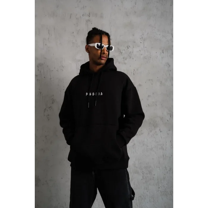 Erkek 3 İplik Pamuklu Kapüşonlu Baskılı Cepli Oversize Sweatshirt Hoodie - Siyah