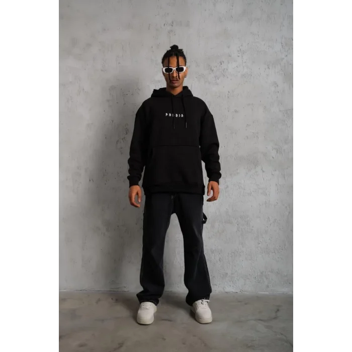 Erkek 3 İplik Pamuklu Kapüşonlu Baskılı Cepli Oversize Sweatshirt Hoodie - Siyah