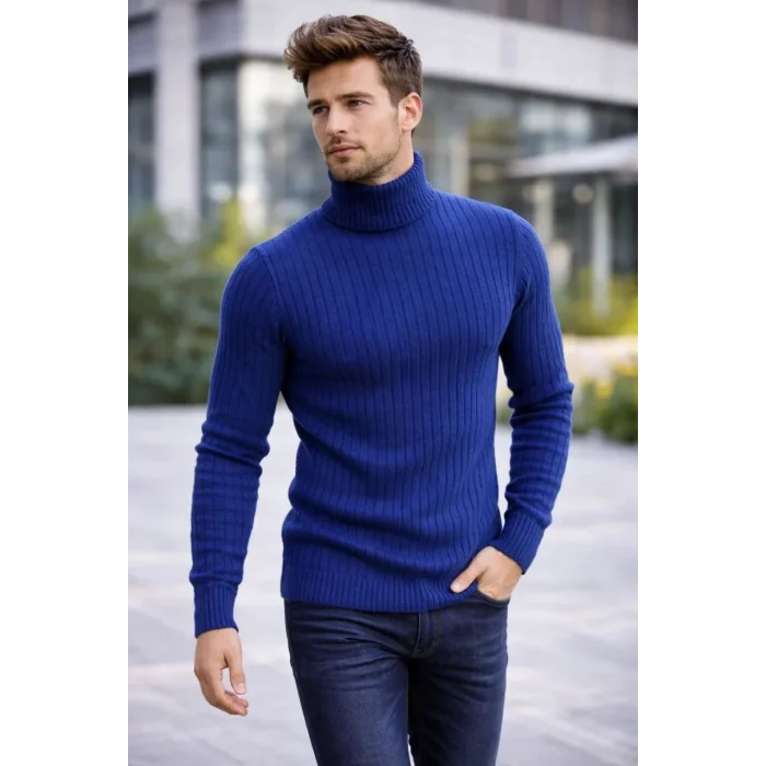 Erkek Balıkçı Yaka Boğazlı Triko Kazak Kalın Fitilli Regular Fit - İndigo