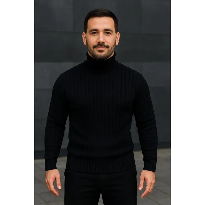 Erkek Tam Boğazlı Balıkçı Yaka Triko Kazak Kalın Fitilli - Siyah