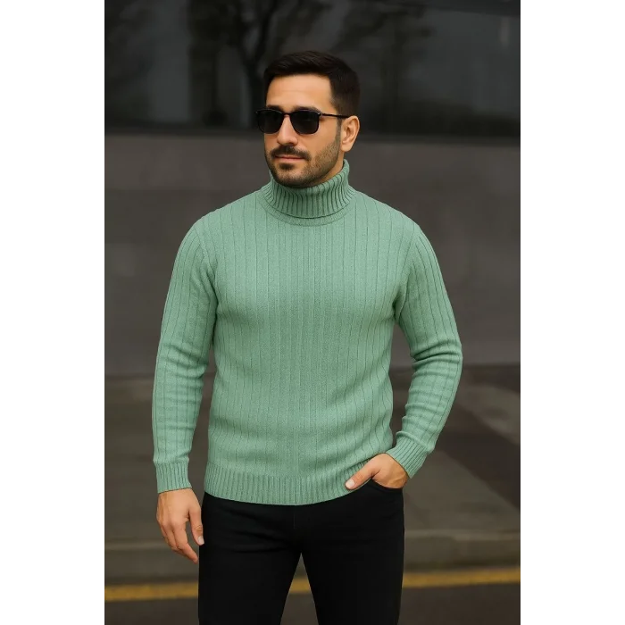 Erkek Tam Boğazlı Balıkçı Yaka Triko Kazak Kalın Fitilli - Mint Yeşili