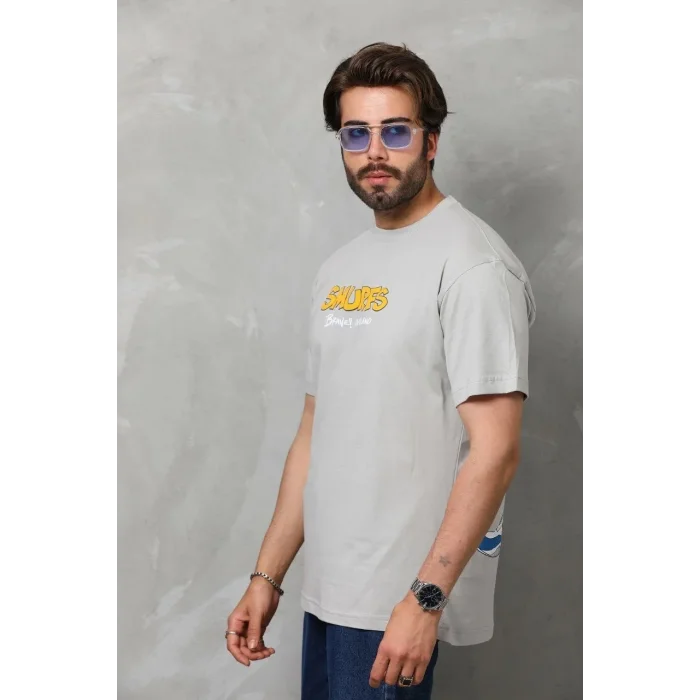 Erkek Kısa Kol Yazlık Tişört Bisiklet Yaka Baskılı Oversize T-Shirt - Gri