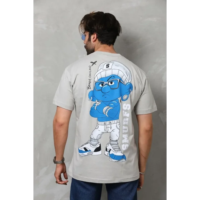 Erkek Kısa Kol Yazlık Tişört Bisiklet Yaka Baskılı Oversize T-Shirt - Gri