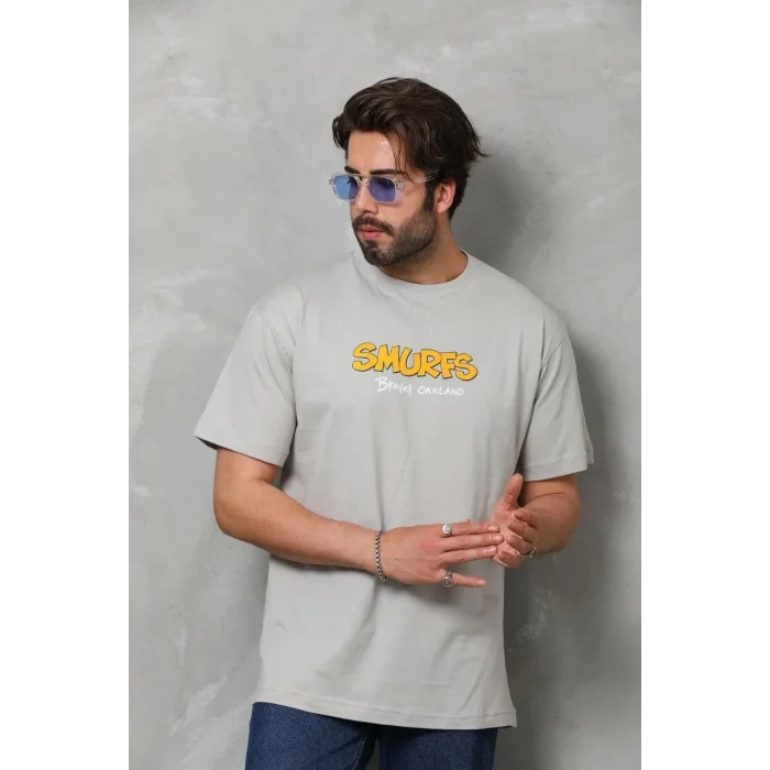 Erkek Kısa Kol Yazlık Tişört Bisiklet Yaka Baskılı Oversize T-Shirt - Gri