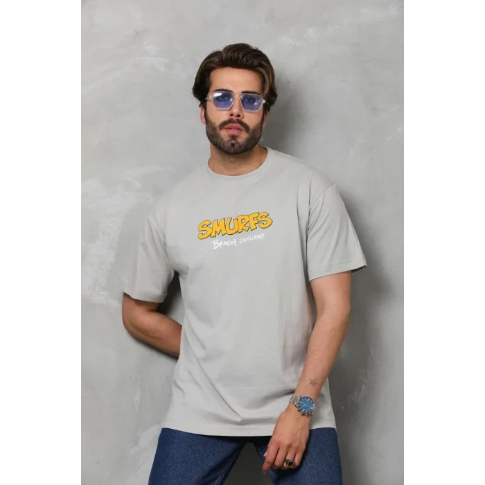 Erkek Kısa Kol Yazlık Tişört Bisiklet Yaka Baskılı Oversize T-Shirt - Gri