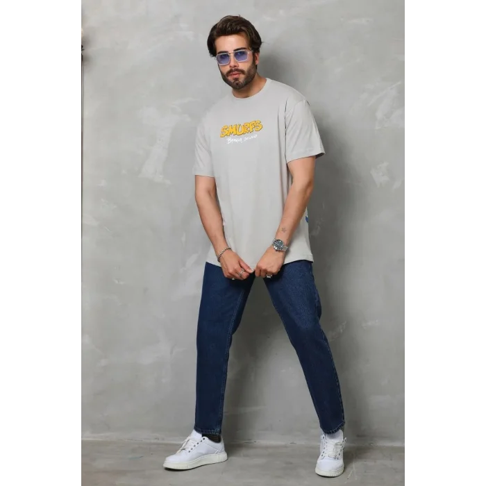 Erkek Kısa Kol Yazlık Tişört Bisiklet Yaka Baskılı Oversize T-Shirt - Gri