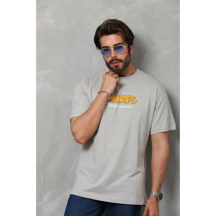 Erkek Kısa Kol Yazlık Tişört Bisiklet Yaka Baskılı Oversize T-Shirt - Gri