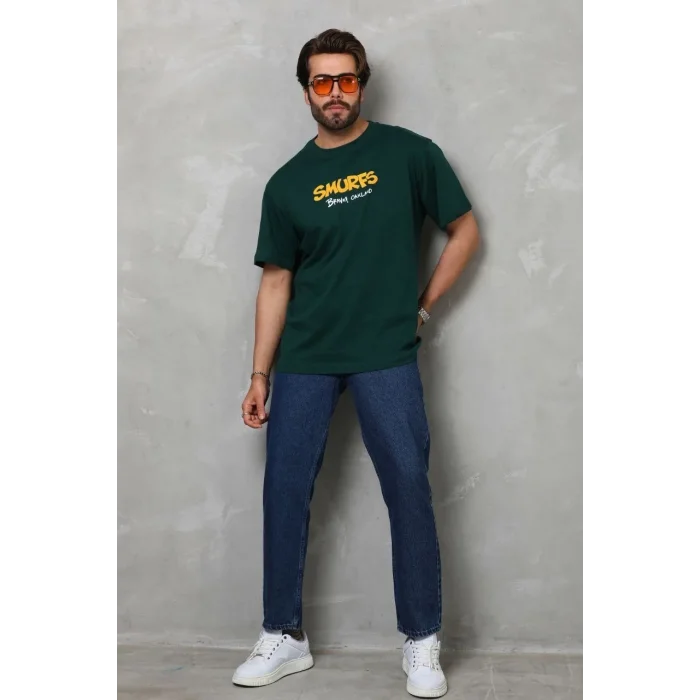 Erkek Kısa Kol Yazlık Tişört Bisiklet Yaka Baskılı Oversize T-Shirt - Yeşil