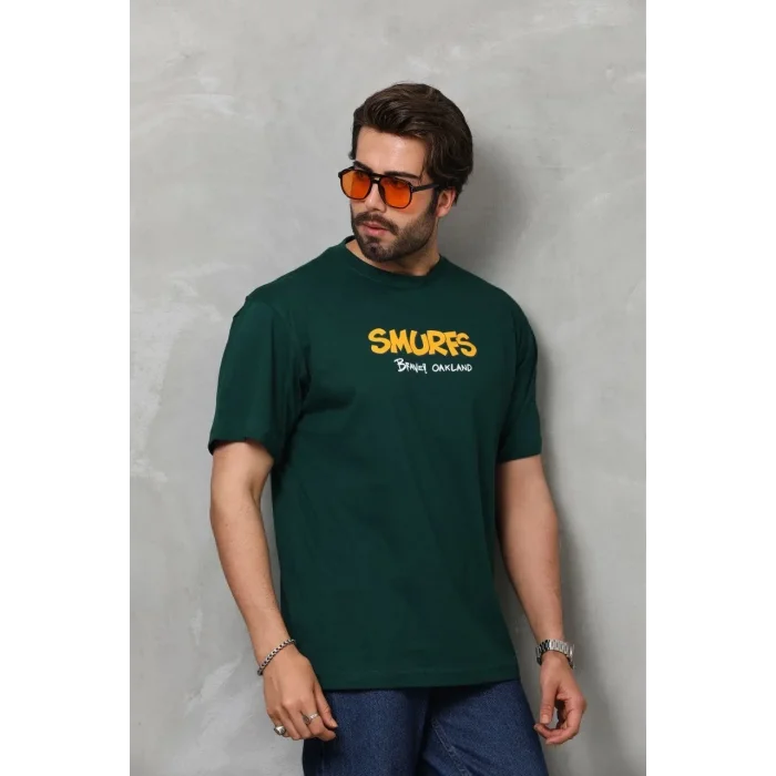 Erkek Kısa Kol Yazlık Tişört Bisiklet Yaka Baskılı Oversize T-Shirt - Yeşil
