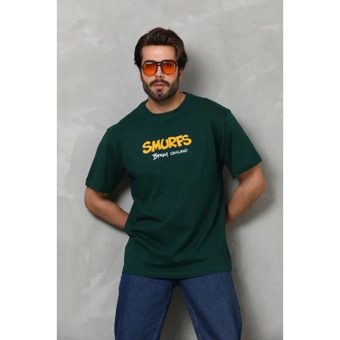 Erkek Kısa Kol Yazlık Tişört Bisiklet Yaka Baskılı Oversize T-Shirt - Yeşil