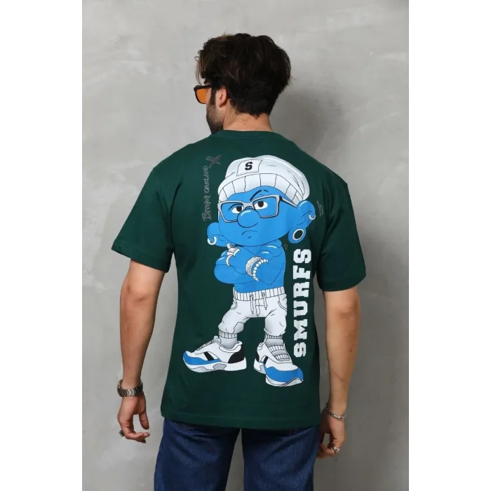 Erkek Kısa Kol Yazlık Tişört Bisiklet Yaka Baskılı Oversize T-Shirt - Yeşil