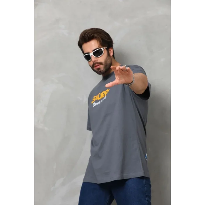 Erkek Kısa Kol Yazlık Tişört Bisiklet Yaka Baskılı Oversize T-Shirt - Füme