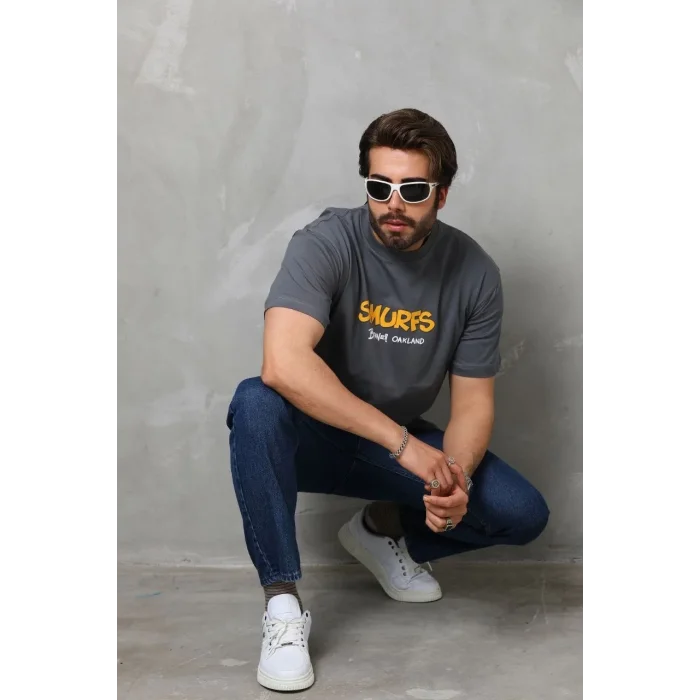 Erkek Kısa Kol Yazlık Tişört Bisiklet Yaka Baskılı Oversize T-Shirt - Füme