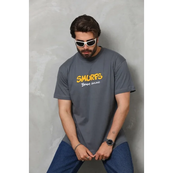 Erkek Kısa Kol Yazlık Tişört Bisiklet Yaka Baskılı Oversize T-Shirt - Füme