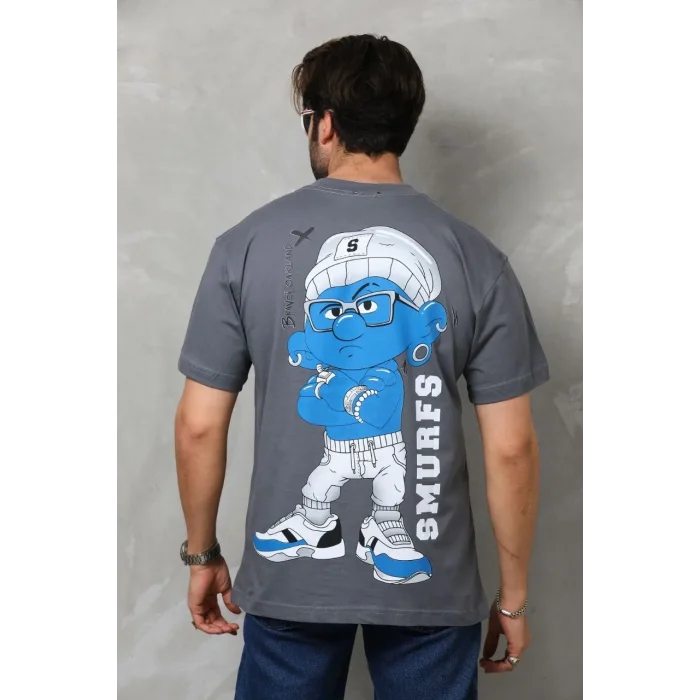 Erkek Kısa Kol Yazlık Tişört Bisiklet Yaka Baskılı Oversize T-Shirt - Füme