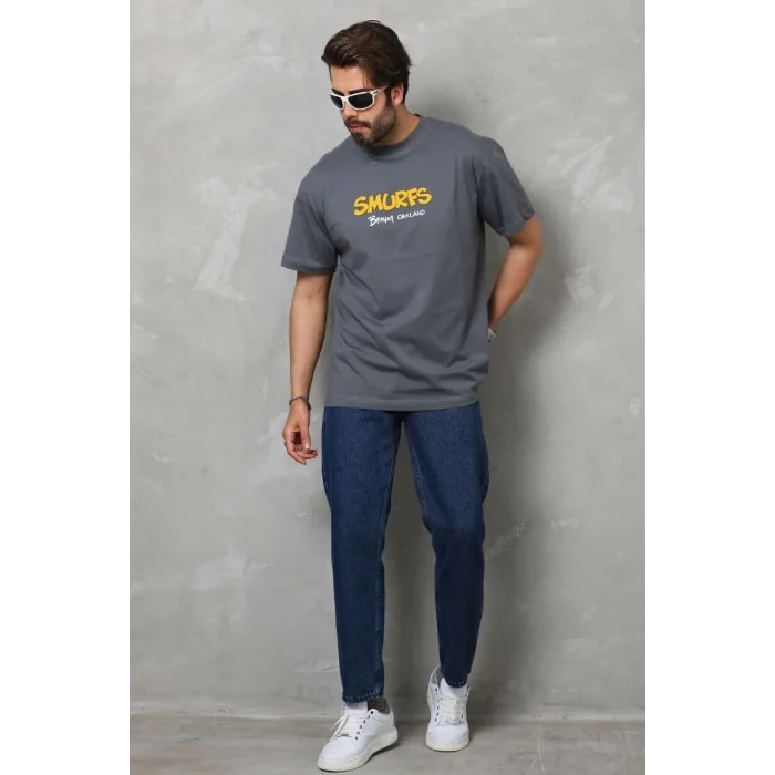 Erkek Kısa Kol Yazlık Tişört Bisiklet Yaka Baskılı Oversize T-Shirt - Füme
