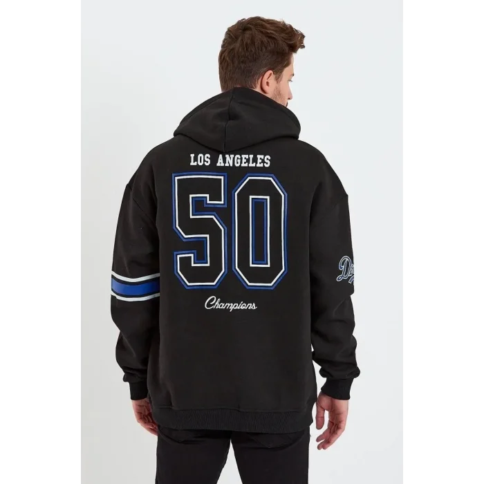 Erkek 3 İplik Pamuklu Kapüşonlu Baskılı Cepli Oversize Sweatshirt Hoodie - Siyah