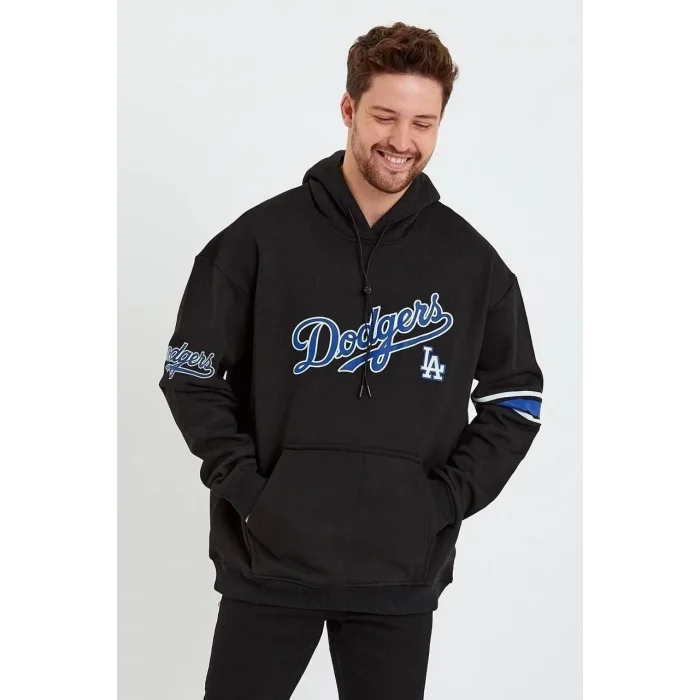 Erkek 3 İplik Pamuklu Kapüşonlu Baskılı Cepli Oversize Sweatshirt Hoodie - Siyah